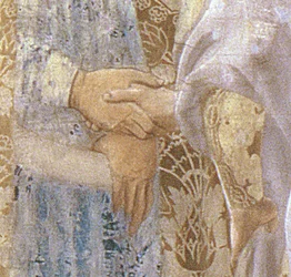 Der Empfang der Königin von Saba durch König Salomo um 1015-977, aus dem Zyklus der Legende vom Wahren Kreuz, Detail der Hände, abgeschlossen 1464